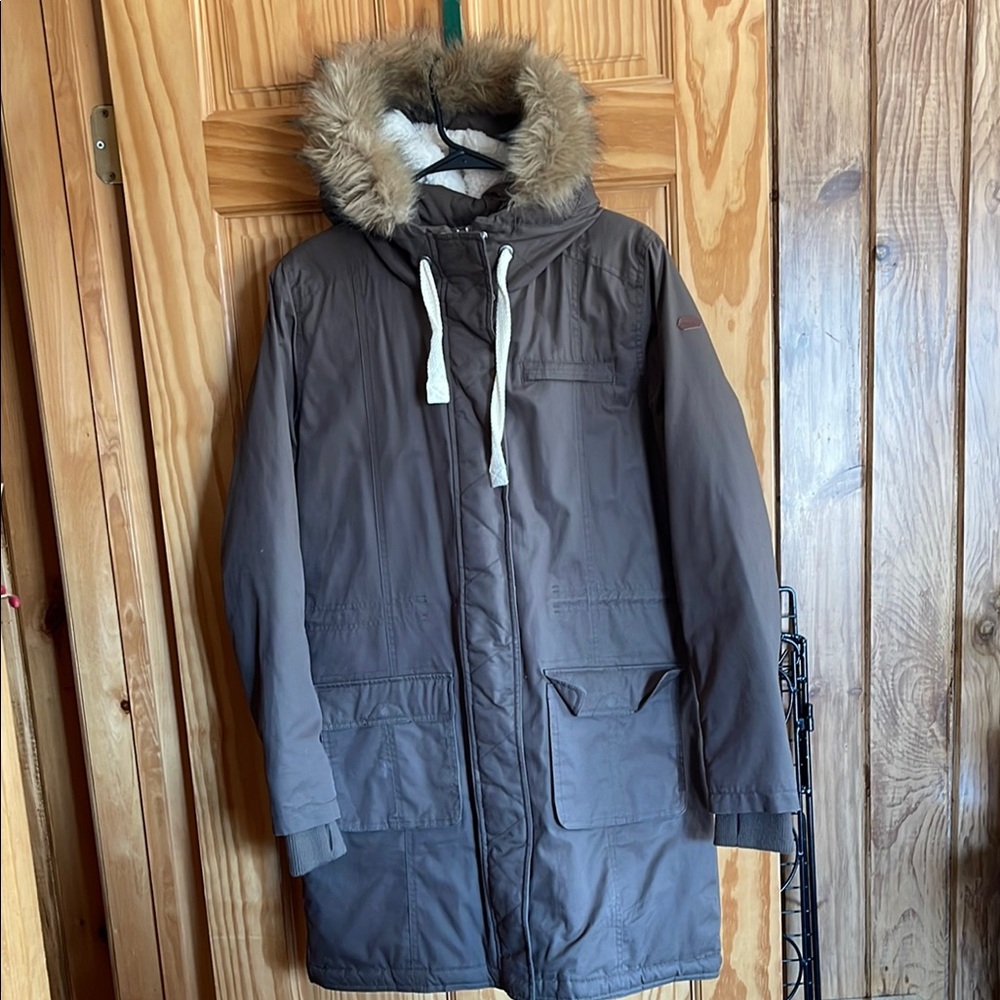 Khaki Puffer Coat with Fur Hood, Sherpa lined, Long Length